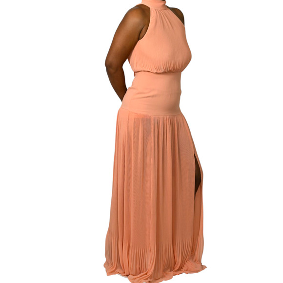 Veronica Beard Lilliana Dress Orange Halter High Neck Plisse Long Evening Gown 2 - Picture 2 of 16